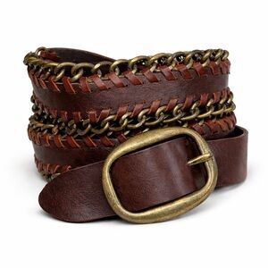 Punto Fibbia Brown Leather Chain Whipstitch Belt Brass Buckle Women Size L Weste